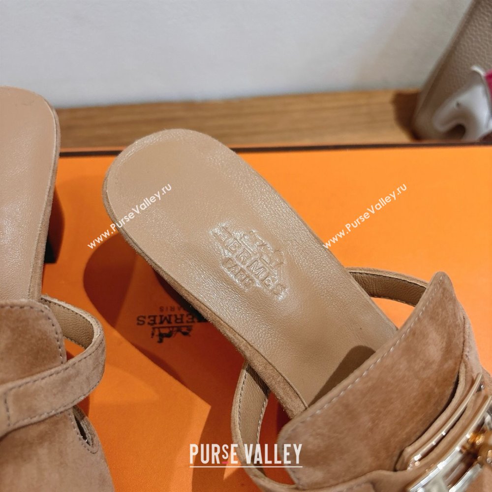 Hermes Kelly Strap Low Heel Slides Sandal in Suede Light Brown 2025 HS122201 (XC-251222126)