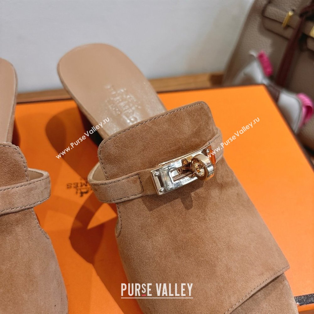 Hermes Kelly Strap Low Heel Slides Sandal in Suede Light Brown 2025 HS122201 (XC-251222126)
