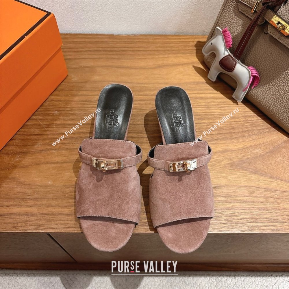 Hermes Kelly Strap Low Heel Slides Sandal in Suede Powder Pink 2025 HS122201 (XC-251222127)