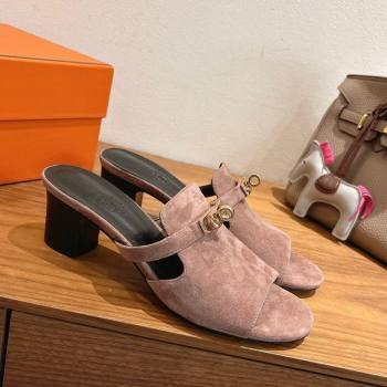 Hermes Kelly Strap Low Heel Slides Sandal in Suede Powder Pink 2025 HS122201 (XC-251222127)