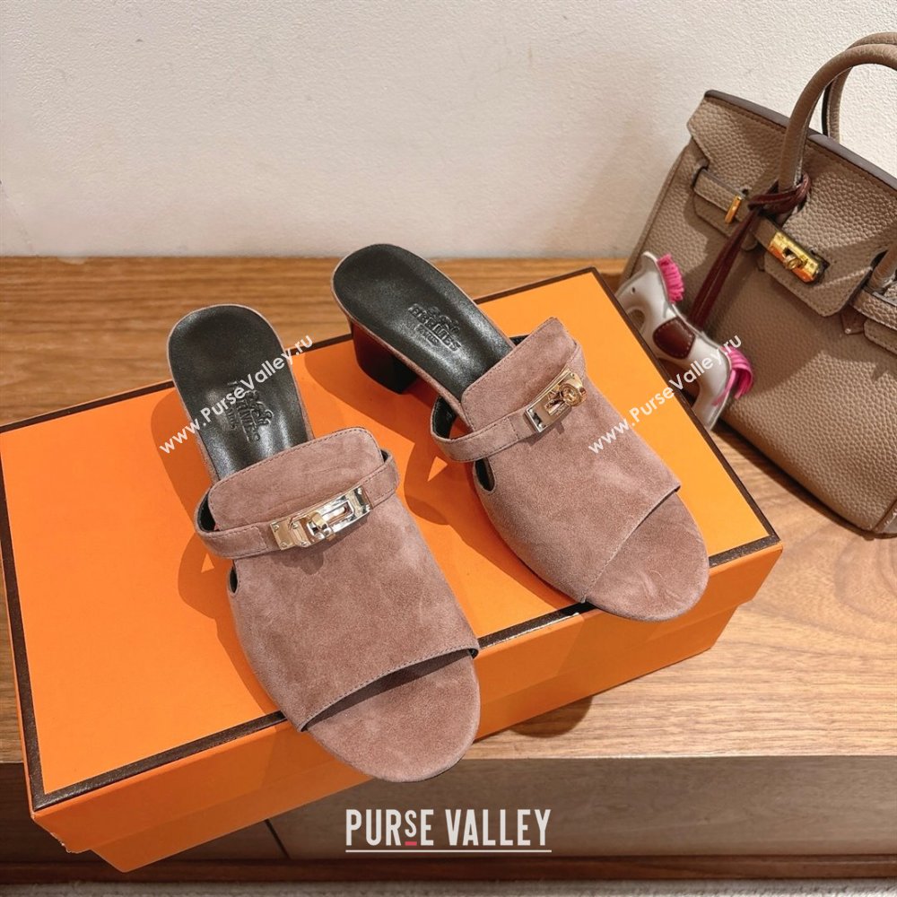 Hermes Kelly Strap Low Heel Slides Sandal in Suede Powder Pink 2025 HS122201 (XC-251222127)