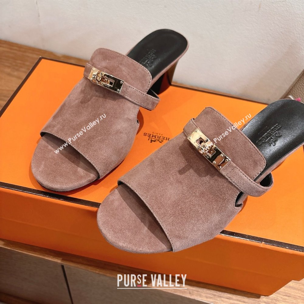 Hermes Kelly Strap Low Heel Slides Sandal in Suede Powder Pink 2025 HS122201 (XC-251222127)