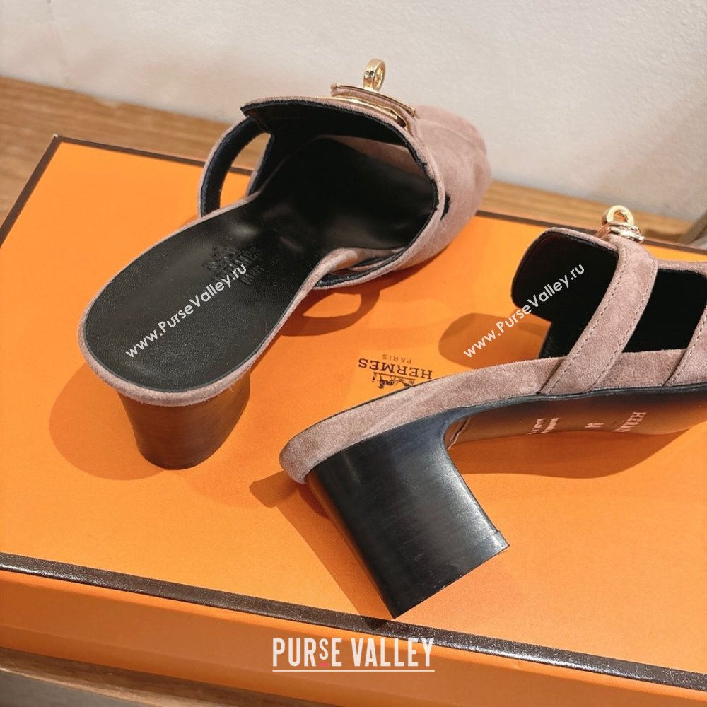 Hermes Kelly Strap Low Heel Slides Sandal in Suede Powder Pink 2025 HS122201 (XC-251222127)
