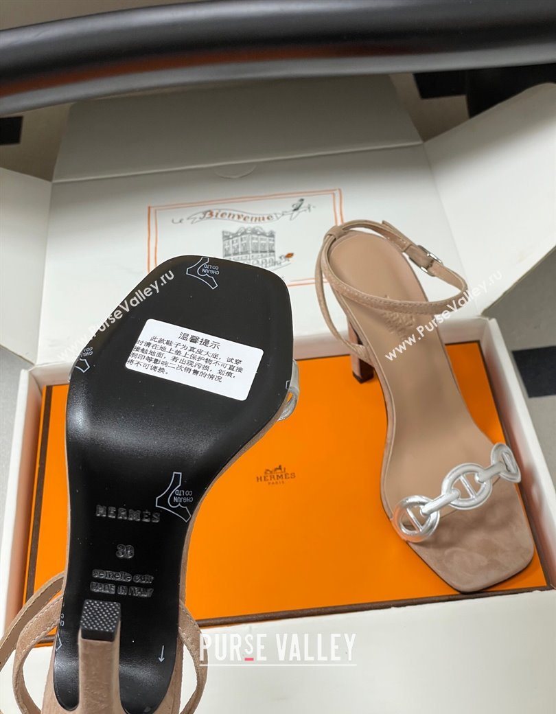 Hermes Luz Heel Sandals 10.5cm in Suede with Silver-Tone Strap Taupe 2025 (MD-251220002)