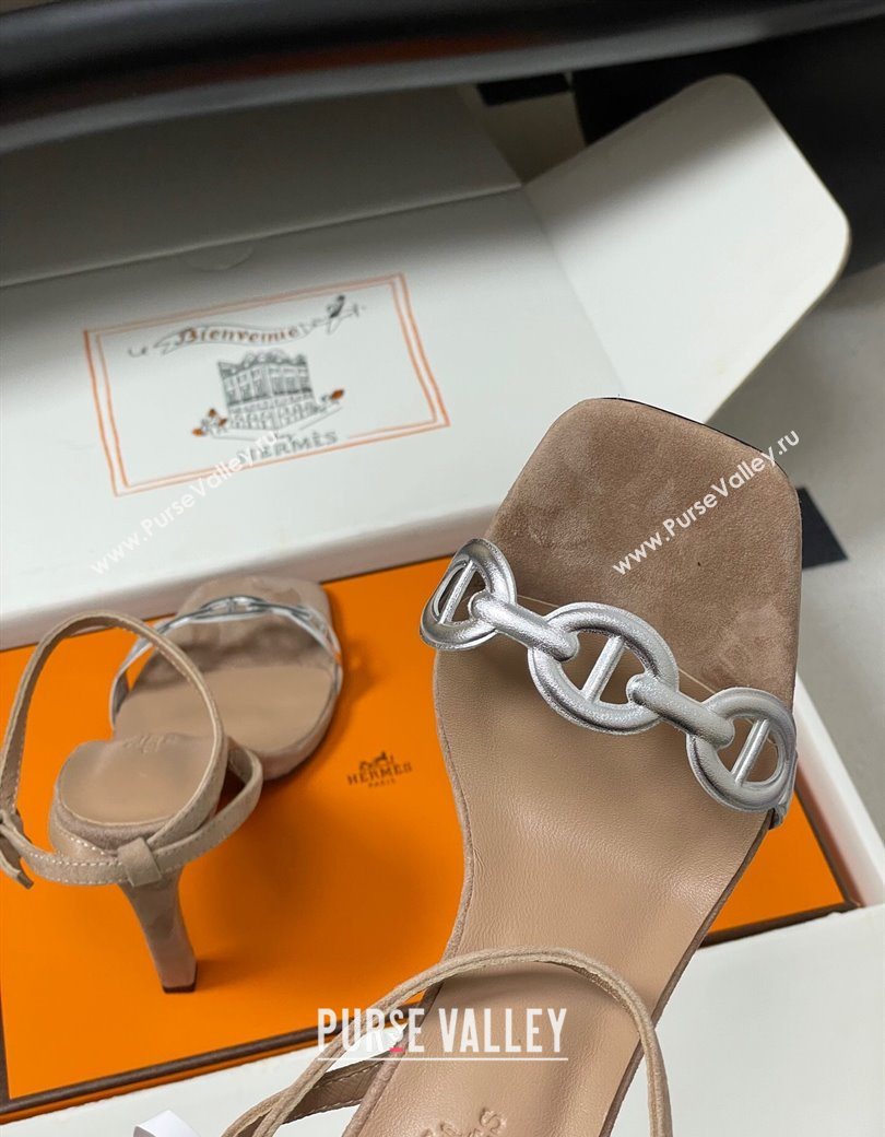 Hermes Luz Heel Sandals 10.5cm in Suede with Silver-Tone Strap Taupe 2025 (MD-251220002)