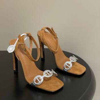 Hermes Luz Heel Sandals 10.5cm in Suede with Silver-Tone Strap Brown 2025 (MD-251220003)
