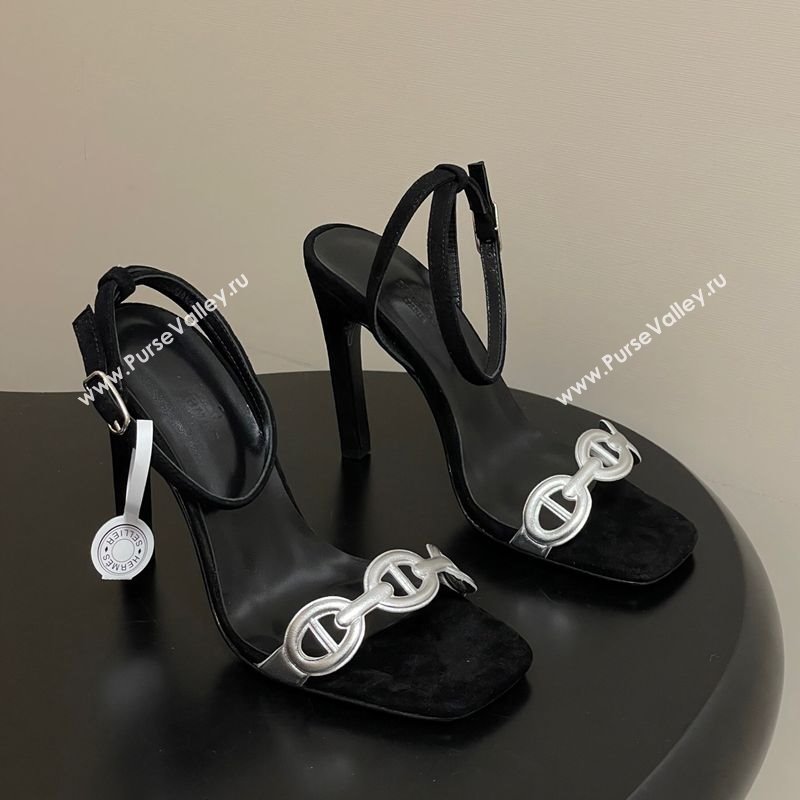 Hermes Luz Heel Sandals 10.5cm in Suede with Silver-Tone Strap Black 2025 (MD-251220001)
