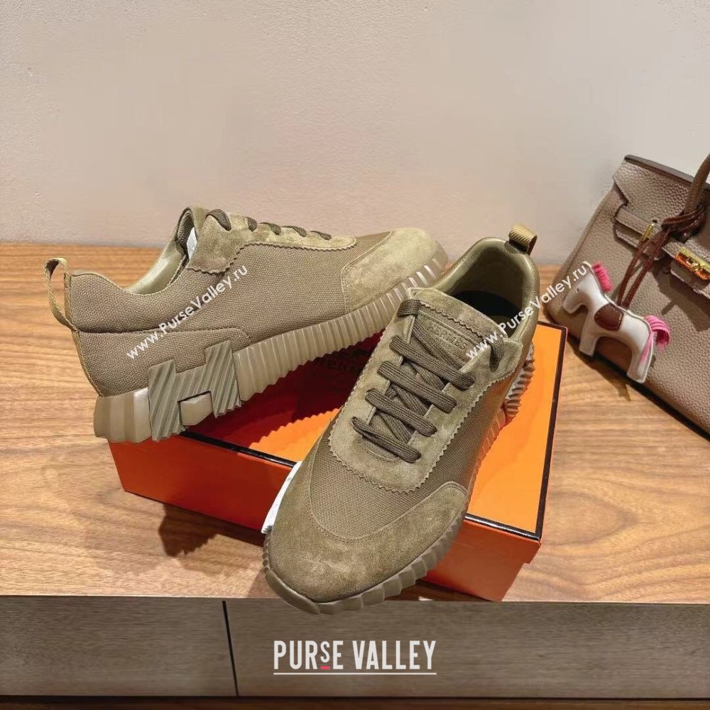 Hermes Bouncing Sneakers in Cotton Canvas and Suede Khaki 2025 1221 (MD-251222076)
