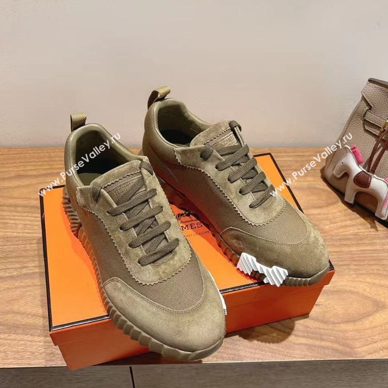 Hermes Bouncing Sneakers in Cotton Canvas and Suede Khaki 2025 1221 (MD-251222076)