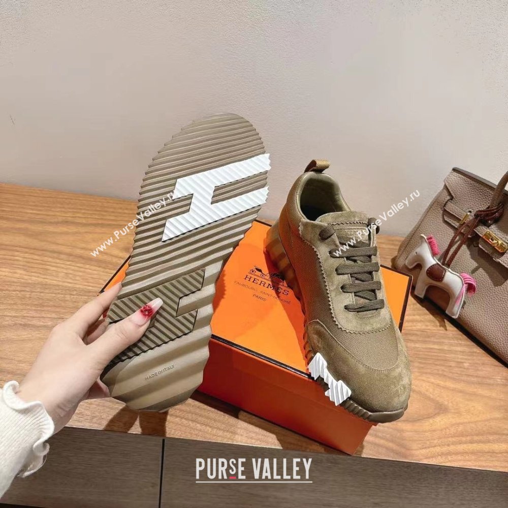 Hermes Bouncing Sneakers in Cotton Canvas and Suede Khaki 2025 1221 (MD-251222076)