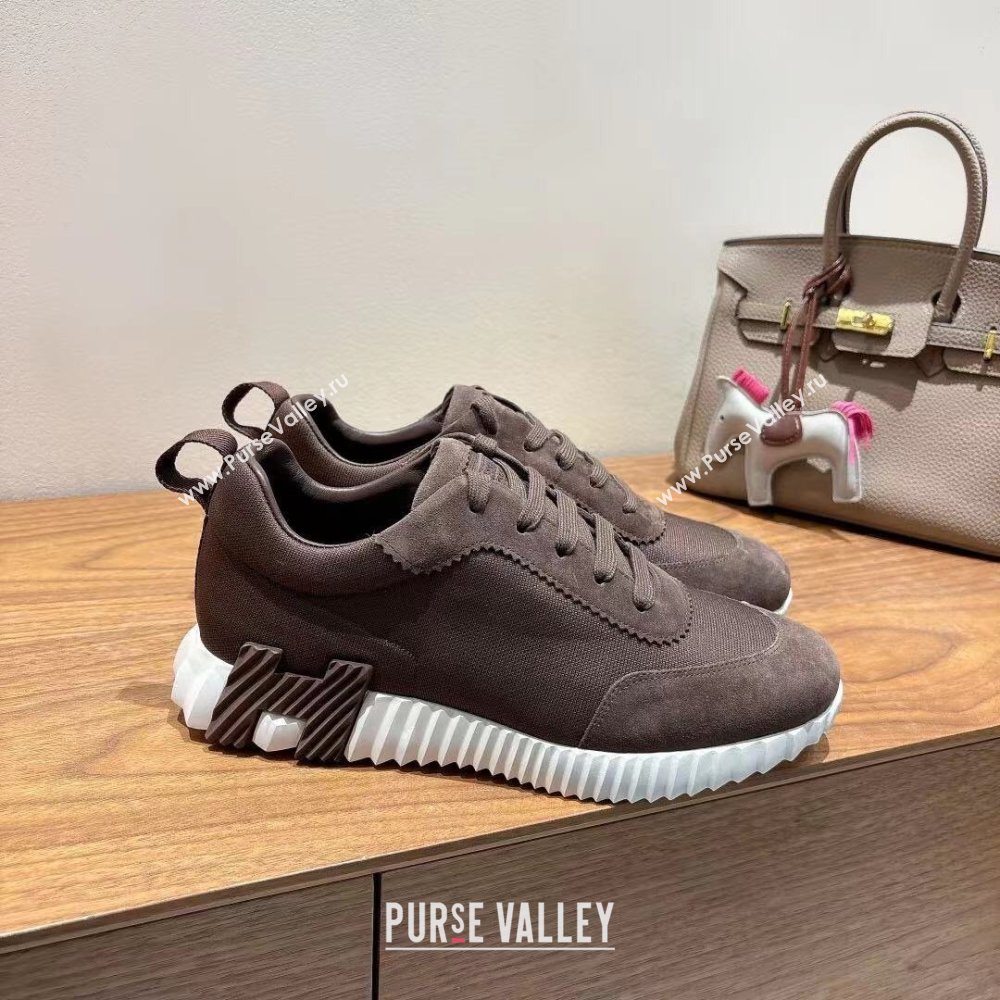 Hermes Bouncing Sneakers in Cotton Canvas and Suede Dark Brown 2025 1221 (MD-251222077)