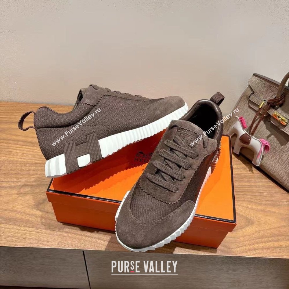 Hermes Bouncing Sneakers in Cotton Canvas and Suede Dark Brown 2025 1221 (MD-251222077)