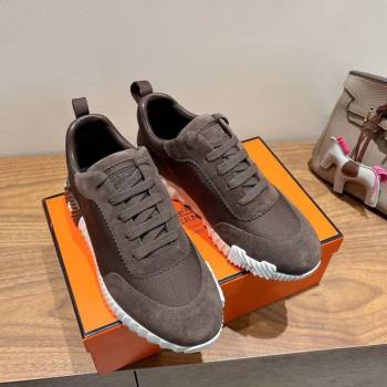Hermes Bouncing Sneakers in Cotton Canvas and Suede Dark Brown 2025 1221 (MD-251222077)