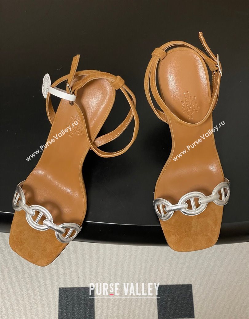 Hermes Luz Heel Sandals 10.5cm in Suede with Silver-Tone Strap Brown 2025 (MD-251220003)