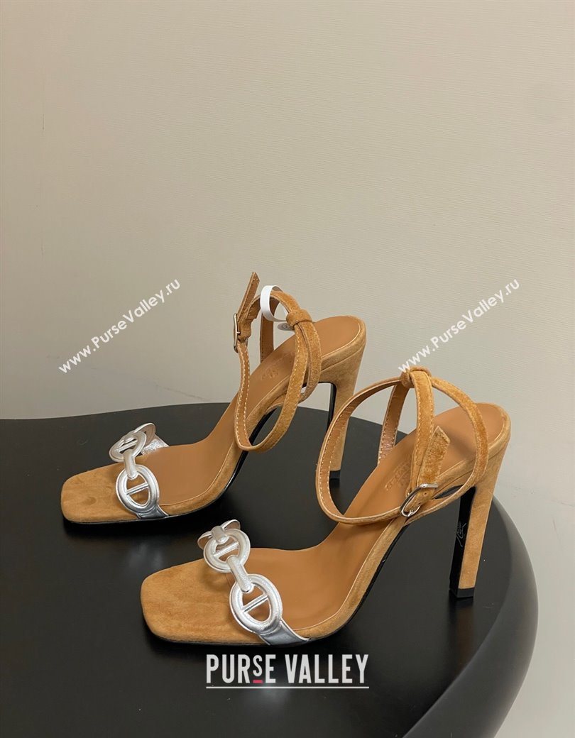 Hermes Luz Heel Sandals 10.5cm in Suede with Silver-Tone Strap Brown 2025 (MD-251220003)