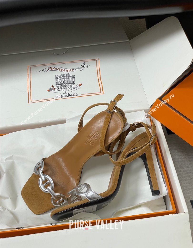 Hermes Luz Heel Sandals 10.5cm in Suede with Silver-Tone Strap Brown 2025 (MD-251220003)
