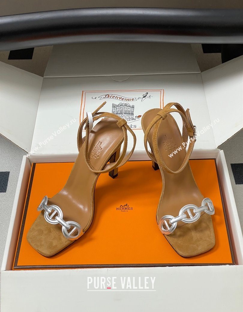 Hermes Luz Heel Sandals 10.5cm in Suede with Silver-Tone Strap Brown 2025 (MD-251220003)