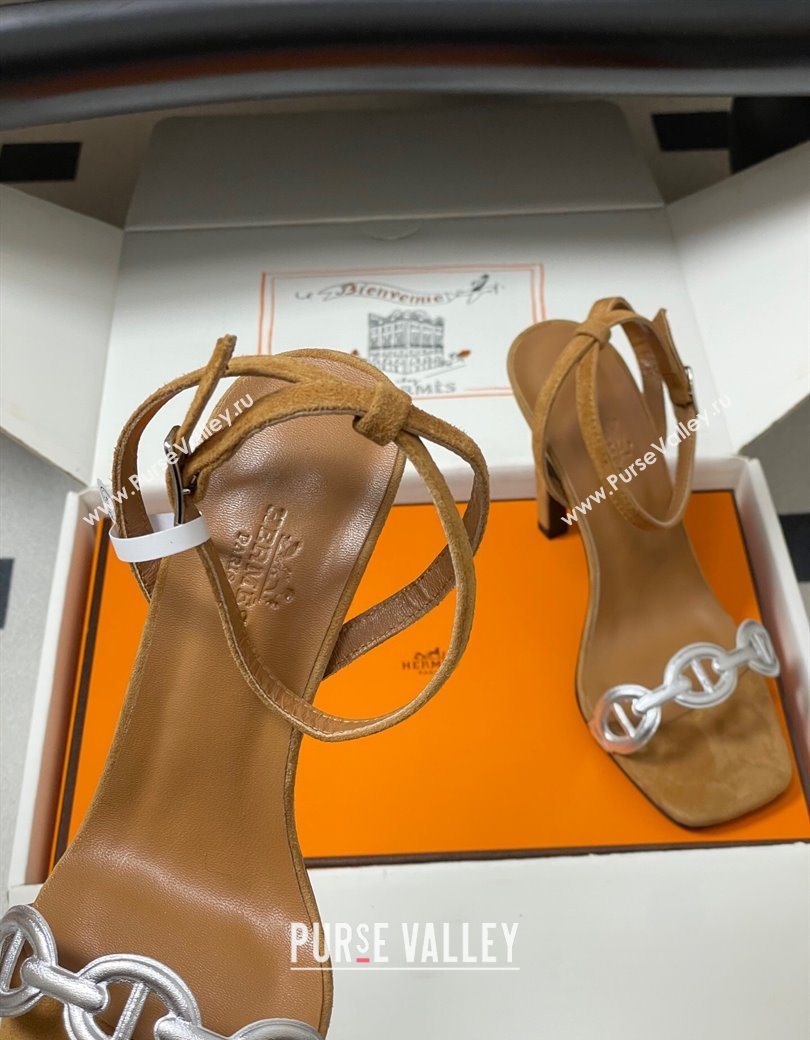 Hermes Luz Heel Sandals 10.5cm in Suede with Silver-Tone Strap Brown 2025 (MD-251220003)