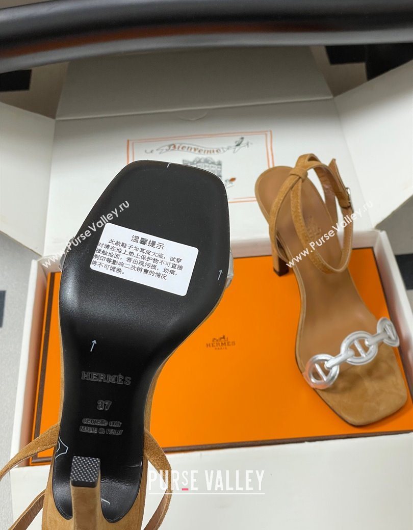 Hermes Luz Heel Sandals 10.5cm in Suede with Silver-Tone Strap Brown 2025 (MD-251220003)