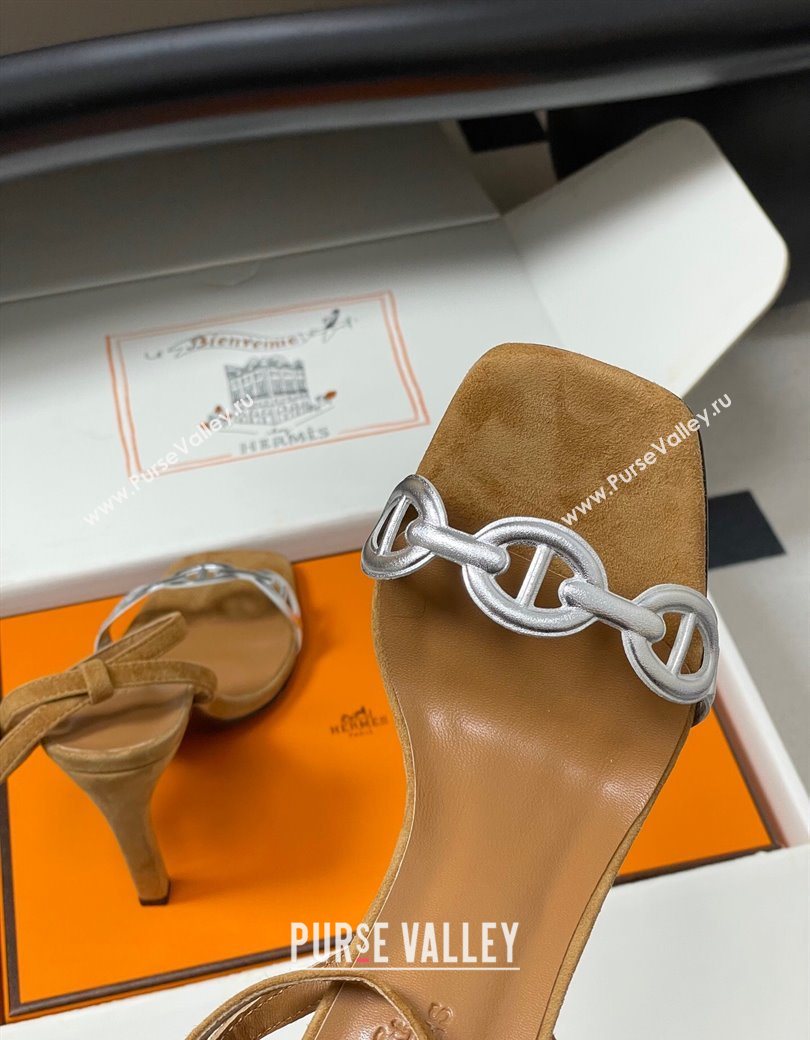 Hermes Luz Heel Sandals 10.5cm in Suede with Silver-Tone Strap Brown 2025 (MD-251220003)