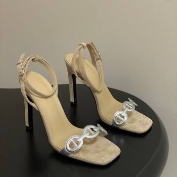 Hermes Luz Heel Sandals 10.5cm in Suede with Silver-Tone Strap Beige 2025 (MD-251220004)