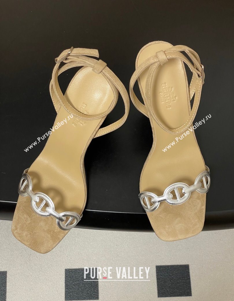 Hermes Luz Heel Sandals 10.5cm in Suede with Silver-Tone Strap Beige 2025 (MD-251220004)