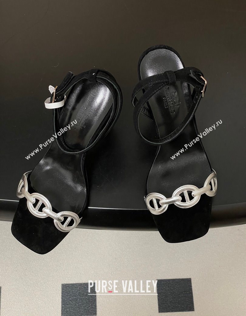Hermes Luz Heel Sandals 10.5cm in Suede with Silver-Tone Strap Black 2025 (MD-251220001)