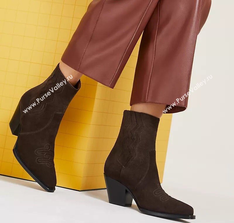 Hermes Vegas Heel Ankle Boots 6.5cm in Embroidered Suede Dark Brown 2025 H252196 (MD-251220034)