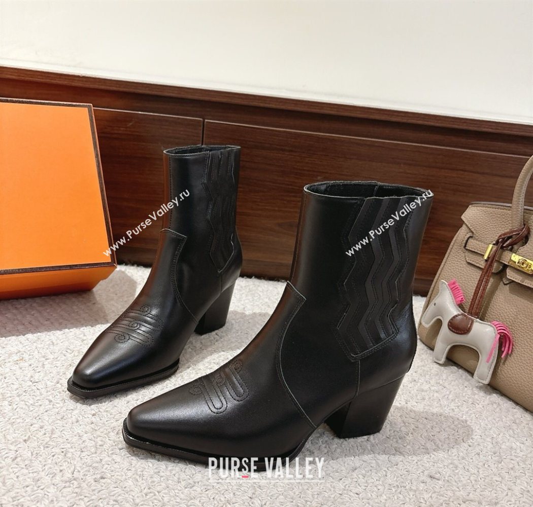 Hermes Vegas Heel Ankle Boots 6.5cm in Embroidered Calfskin Leather Black 2025 H252196 (MD-251220032)