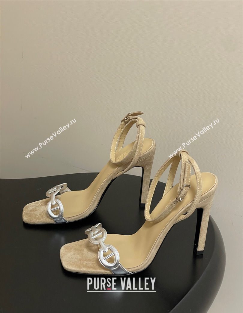 Hermes Luz Heel Sandals 10.5cm in Suede with Silver-Tone Strap Beige 2025 (MD-251220004)
