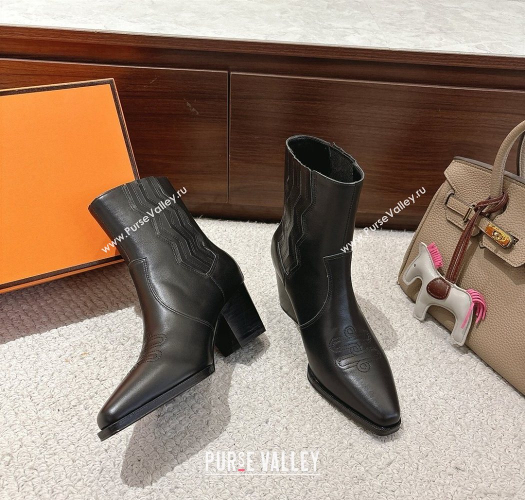Hermes Vegas Heel Ankle Boots 6.5cm in Embroidered Calfskin Leather Black 2025 H252196 (MD-251220032)