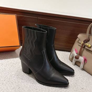 Hermes Vegas Heel Ankle Boots 6.5cm in Embroidered Calfskin Leather Black 2025 H252196 (MD-251220032)