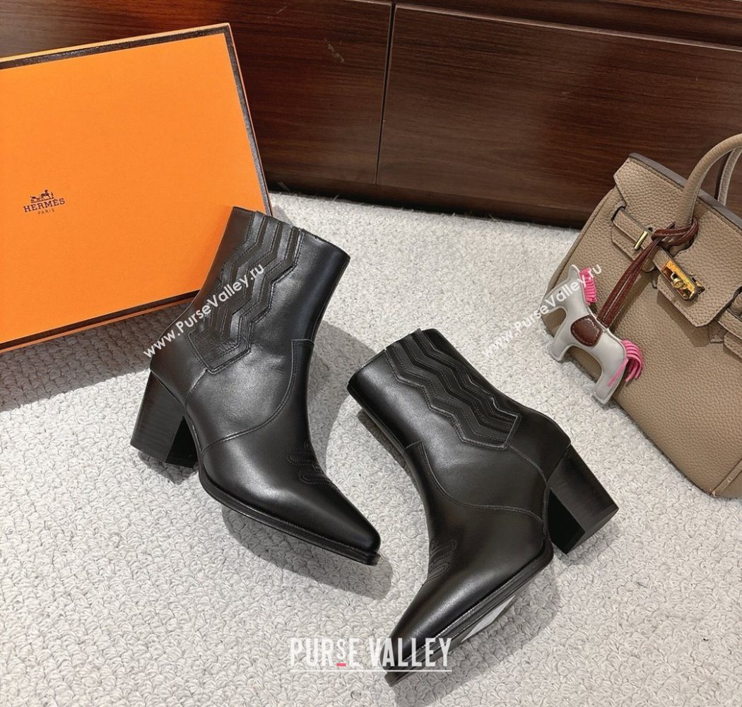 Hermes Vegas Heel Ankle Boots 6.5cm in Embroidered Calfskin Leather Black 2025 H252196 (MD-251220032)