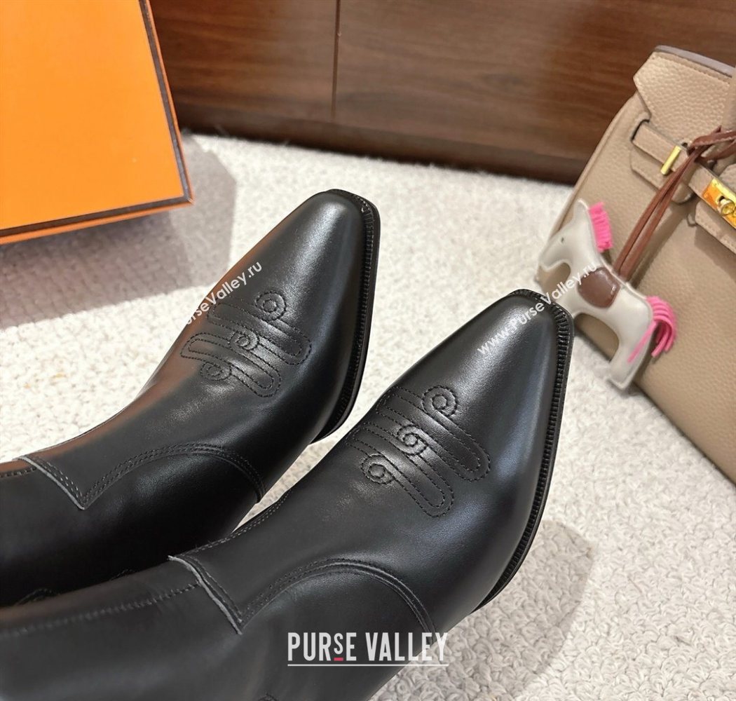 Hermes Vegas Heel Ankle Boots 6.5cm in Embroidered Calfskin Leather Black 2025 H252196 (MD-251220032)