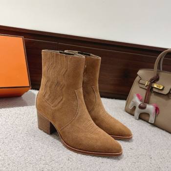 Hermes Vegas Heel Ankle Boots 6.5cm in Embroidered Suede Light Brown 2025 H252196 (MD-251220033)