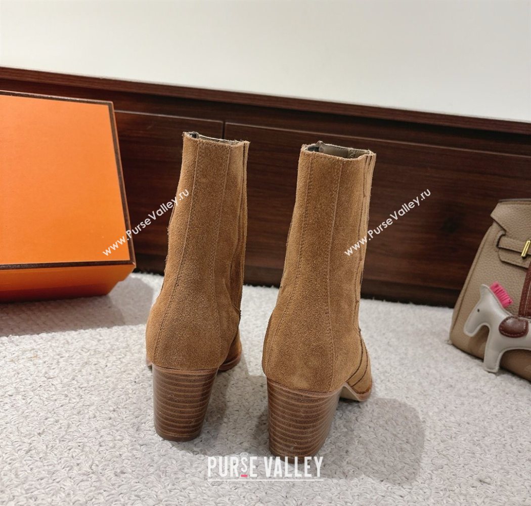 Hermes Vegas Heel Ankle Boots 6.5cm in Embroidered Suede Light Brown 2025 H252196 (MD-251220033)