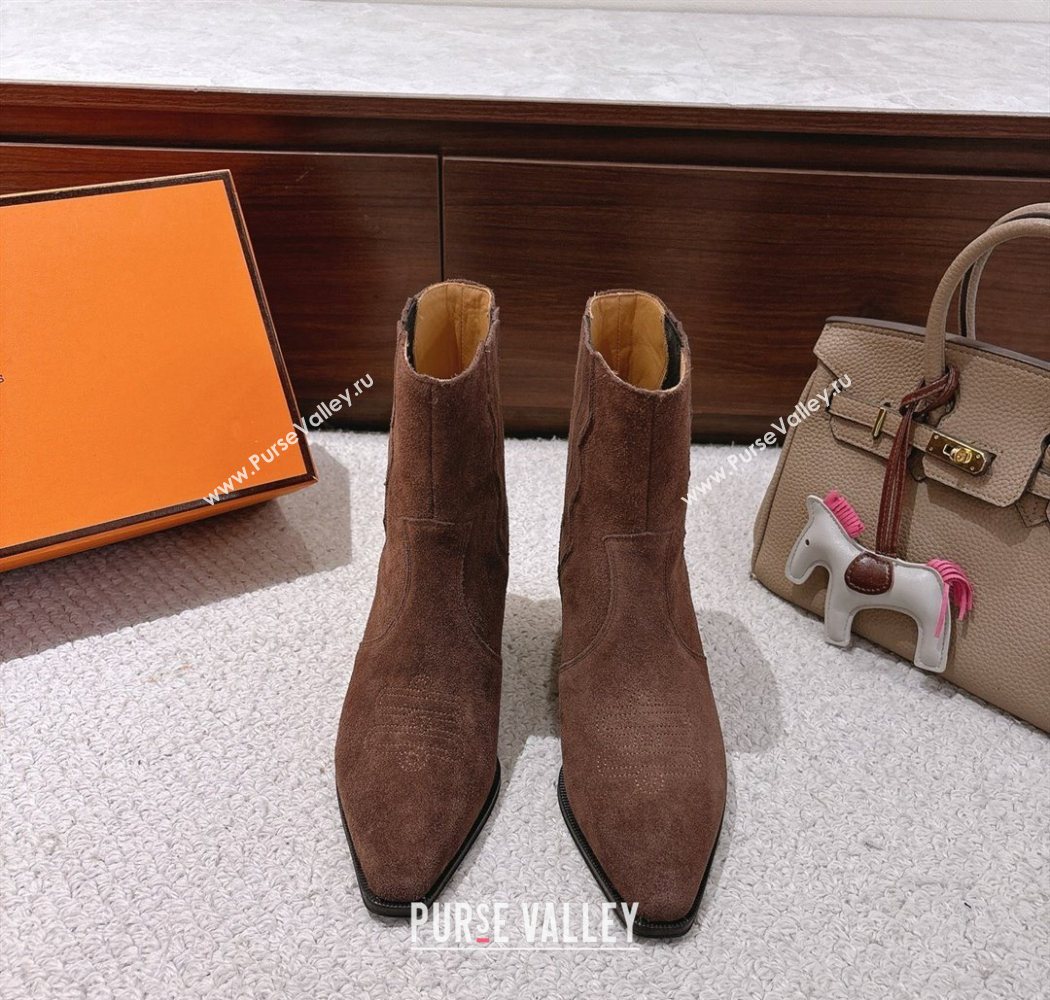 Hermes Vegas Heel Ankle Boots 6.5cm in Embroidered Suede Dark Brown 2025 H252196 (MD-251220034)