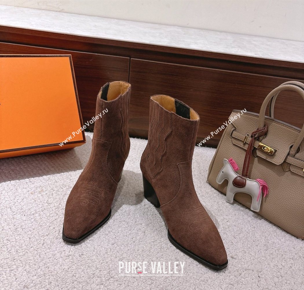 Hermes Vegas Heel Ankle Boots 6.5cm in Embroidered Suede Dark Brown 2025 H252196 (MD-251220034)