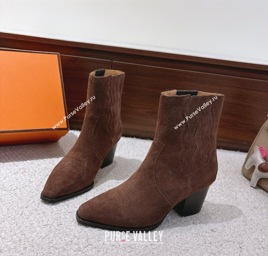 Hermes Vegas Heel Ankle Boots 6.5cm in Embroidered Suede Dark Brown 2025 H252196 (MD-251220034)