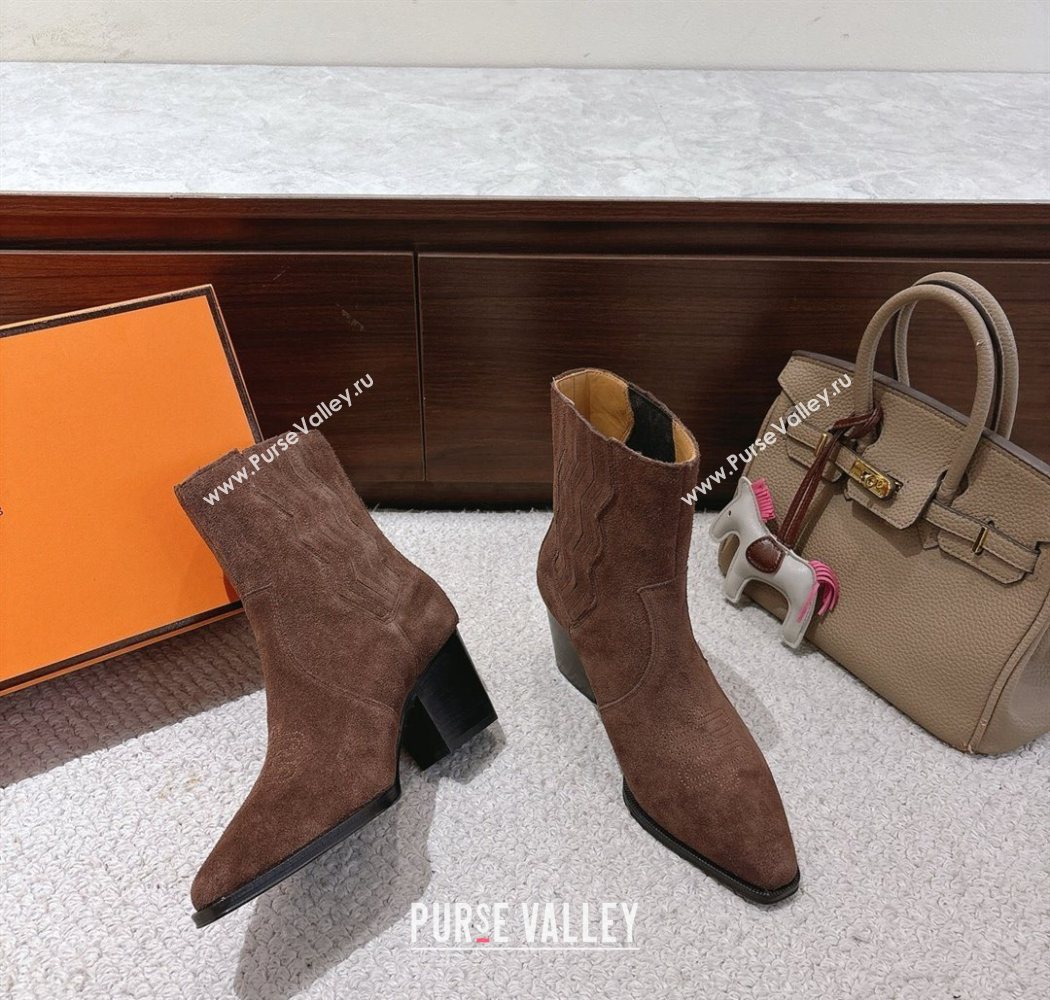 Hermes Vegas Heel Ankle Boots 6.5cm in Embroidered Suede Dark Brown 2025 H252196 (MD-251220034)
