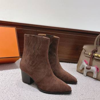 Hermes Vegas Heel Ankle Boots 6.5cm in Embroidered Suede Dark Brown 2025 H252196 (MD-251220034)