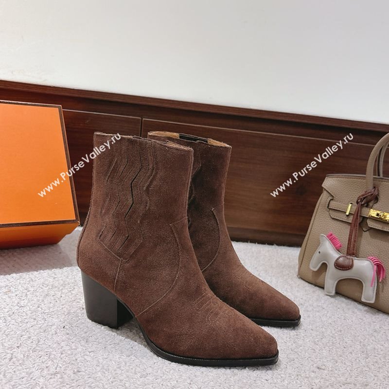 Hermes Vegas Heel Ankle Boots 6.5cm in Embroidered Suede Dark Brown 2025 H252196 (MD-251220034)