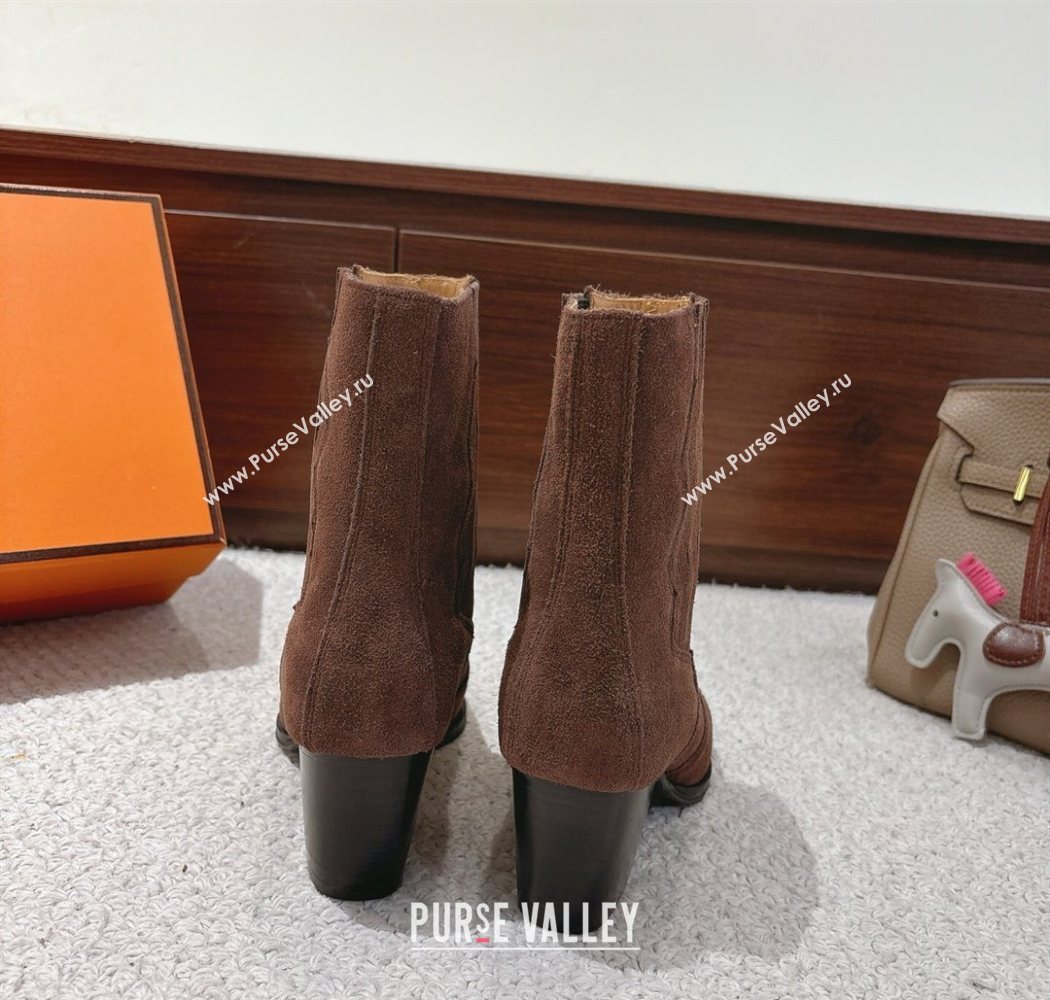 Hermes Vegas Heel Ankle Boots 6.5cm in Embroidered Suede Dark Brown 2025 H252196 (MD-251220034)
