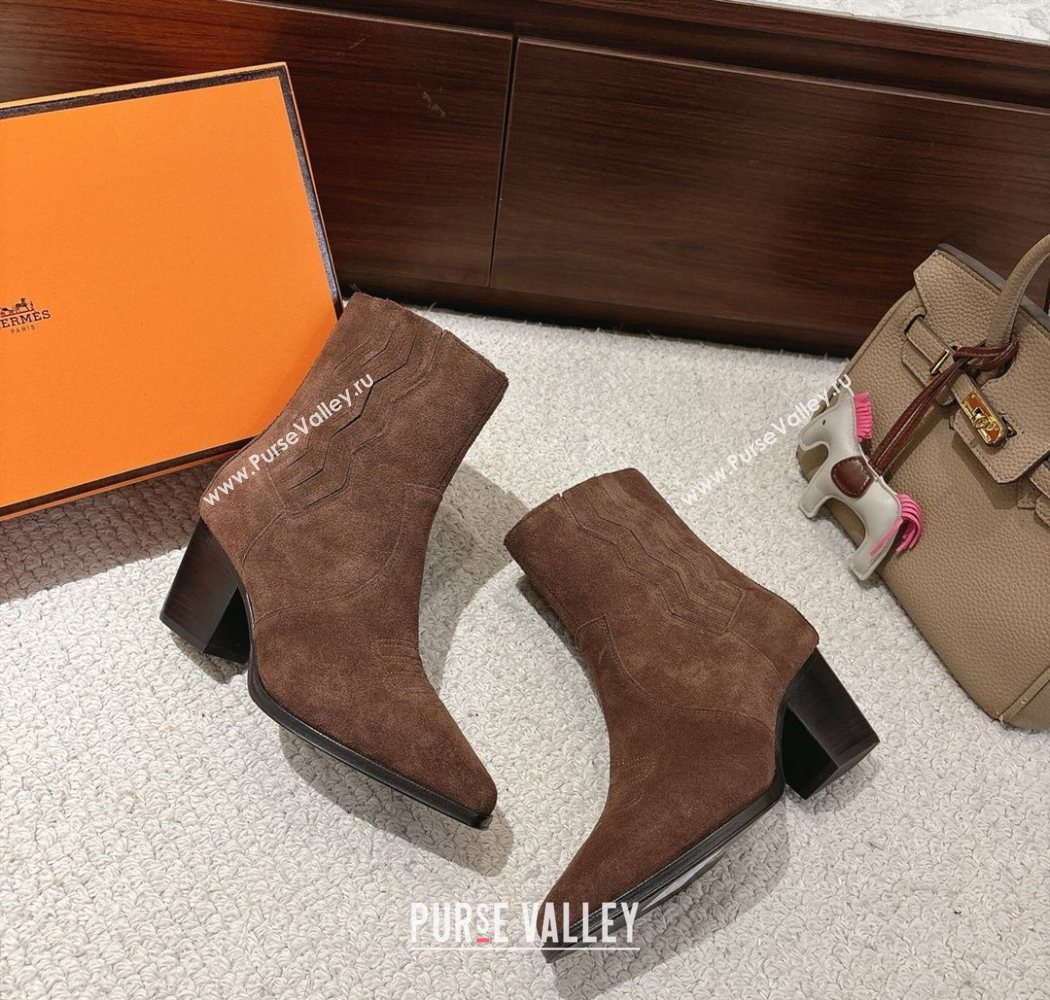 Hermes Vegas Heel Ankle Boots 6.5cm in Embroidered Suede Dark Brown 2025 H252196 (MD-251220034)