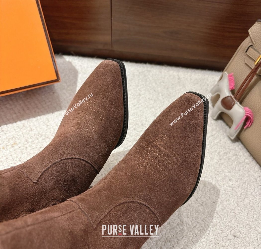 Hermes Vegas Heel Ankle Boots 6.5cm in Embroidered Suede Dark Brown 2025 H252196 (MD-251220034)