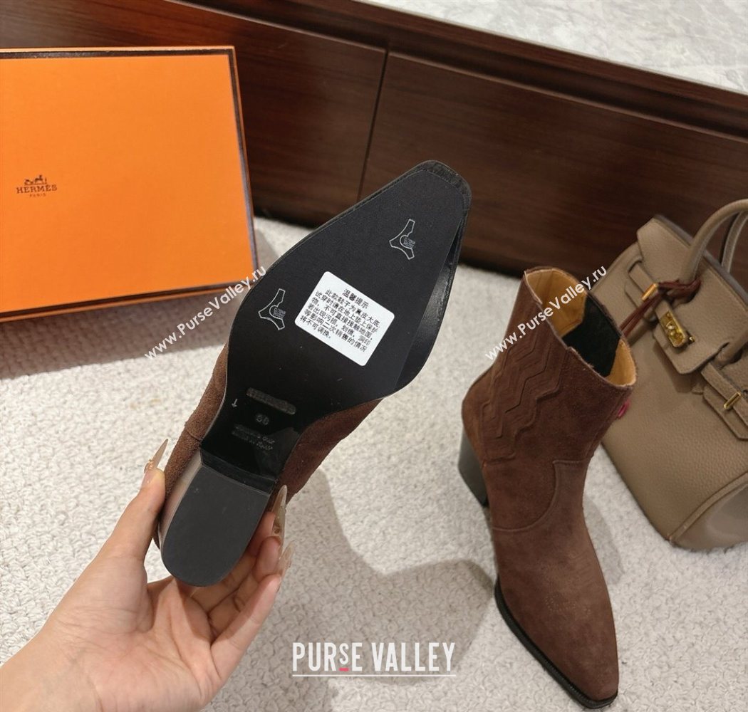 Hermes Vegas Heel Ankle Boots 6.5cm in Embroidered Suede Dark Brown 2025 H252196 (MD-251220034)
