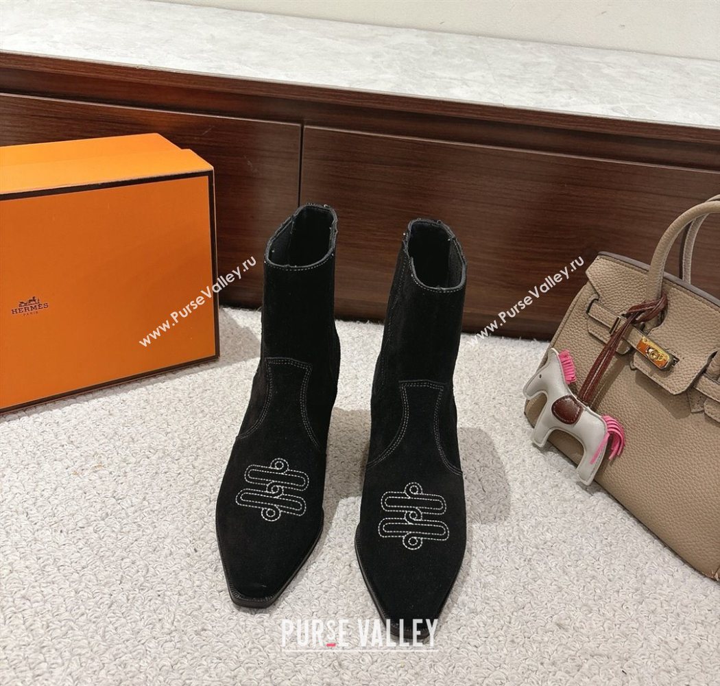 Hermes Vegas Heel Ankle Boots 6.5cm in Embroidered Suede Black 2025 H252196 (MD-251220035)