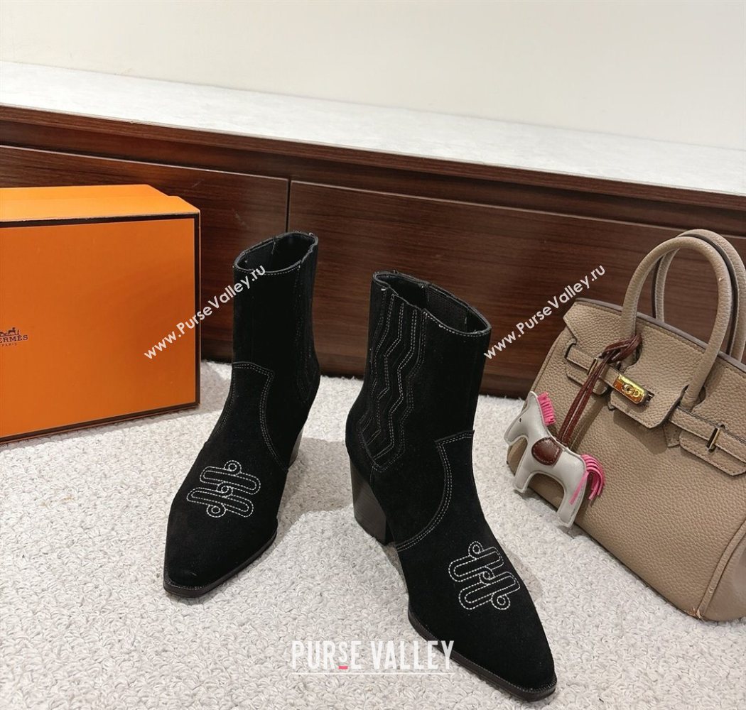 Hermes Vegas Heel Ankle Boots 6.5cm in Embroidered Suede Black 2025 H252196 (MD-251220035)