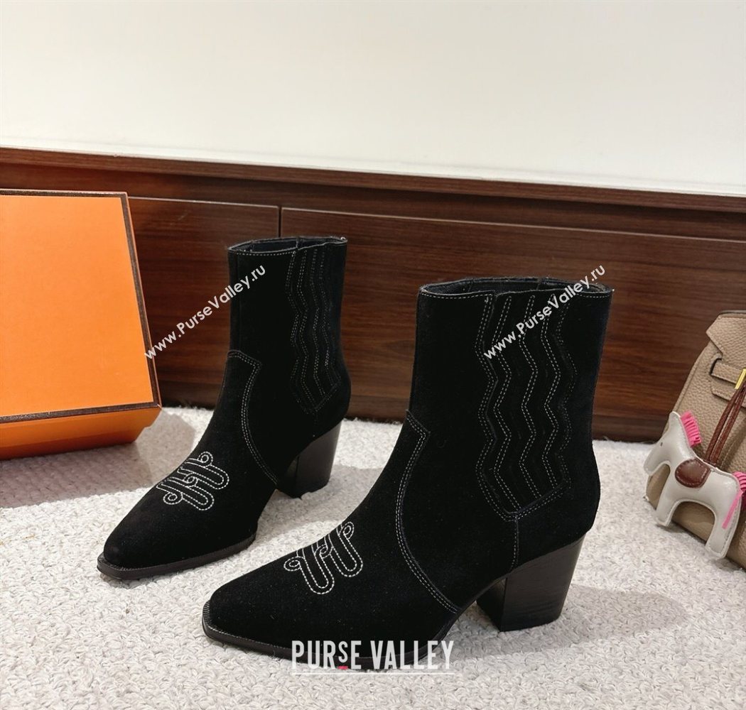 Hermes Vegas Heel Ankle Boots 6.5cm in Embroidered Suede Black 2025 H252196 (MD-251220035)