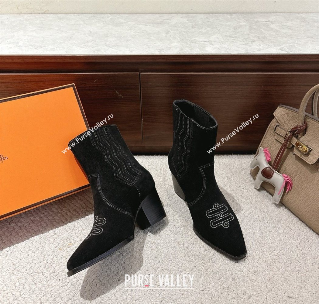 Hermes Vegas Heel Ankle Boots 6.5cm in Embroidered Suede Black 2025 H252196 (MD-251220035)